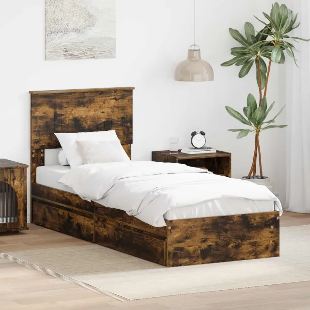vidaXL Opslag bed met lade Gerookt eiken 75 x 190 cm Bewerkt hout Bruin