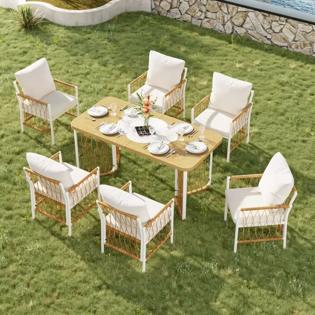 Merax Moderne outdoor-set - vrijetijds- en vergader set voor meerdere personen - ijzeren frame - gevlochten armleuningen - met kussens Beige