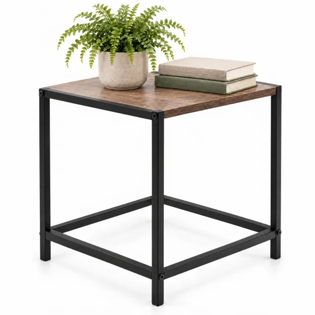 Cheqo Bijzettafel Zwart met Houtlook Blad - Plantentafel - Nachtkastje - Salontafel - Koffietafel - Banktafel - Sidetable - Tafeltje - Industriële Bijzettafel - Plantenstandaard - Bloementafel - Bedtafel - Hoektafel - Kleine Tafel