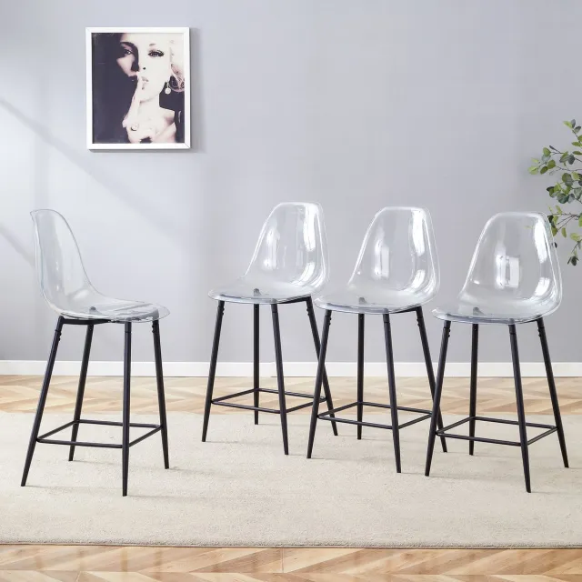 HAUSS SPOLE Transparante Barkruk Set van 4 - Modern Design Met Metalen Onderstel - Voor Keuken, Bar En Eetkamer - Kunststof - Zwart