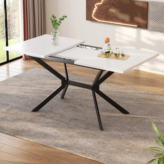 OKWISH Eettafel – Uitschuifbare Eettafel 120-160x80 cm – Geschikt Voor 4-6 Personen – Minimalistisch Wit Tafelblad – Zwarte Metalen Poten – MDF wit&zwart