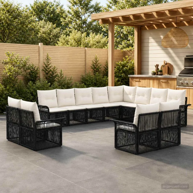 vidaXL Tuinbankenset 12 st 12-zits Zwart en Cream Wit poly rattan, foto 2