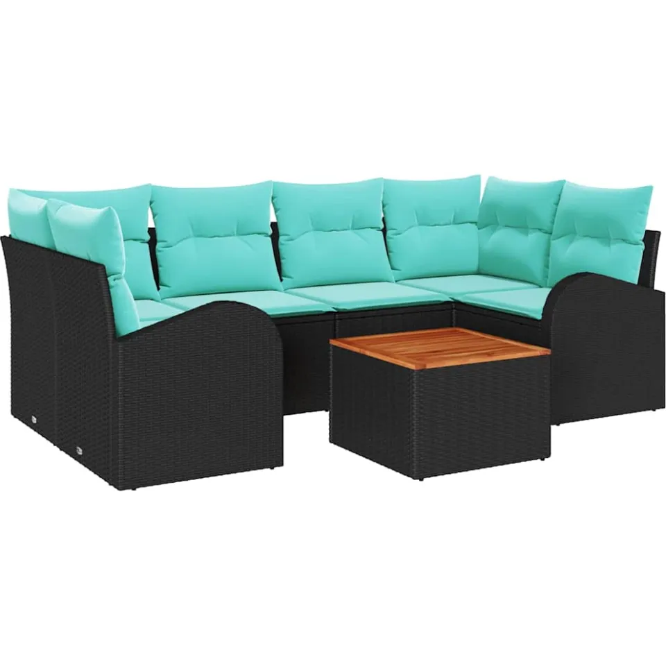 vidaXL Tuinbankenset 7 st Zwart en Turquoise poly rattan