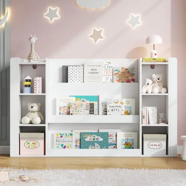 MEUNIQ Kinderboekenkast 140 x 30 x 95 cm - Open boekenkast met opbergruimte voor boeken en speelgoed, afgeronde hoeken, MDF, wit, kinderkamer