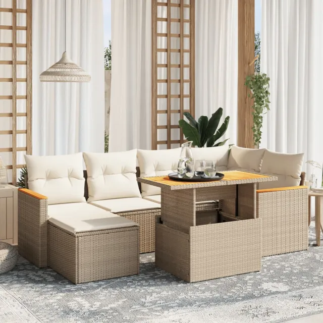 vidaXL 7-delige Loungeset met kussens poly rattan beige, foto 2