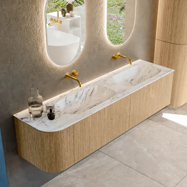 Mondiaz KURVE-DLUX 175 cm Onderkast Greeploos 2 Lades Met Deuren Oak, Wastafel Solid Surface Rechts Glace 0 Kraangaten Zonder Spiegel (KRVSTS175L2L1D0KD-Oak/Gla)