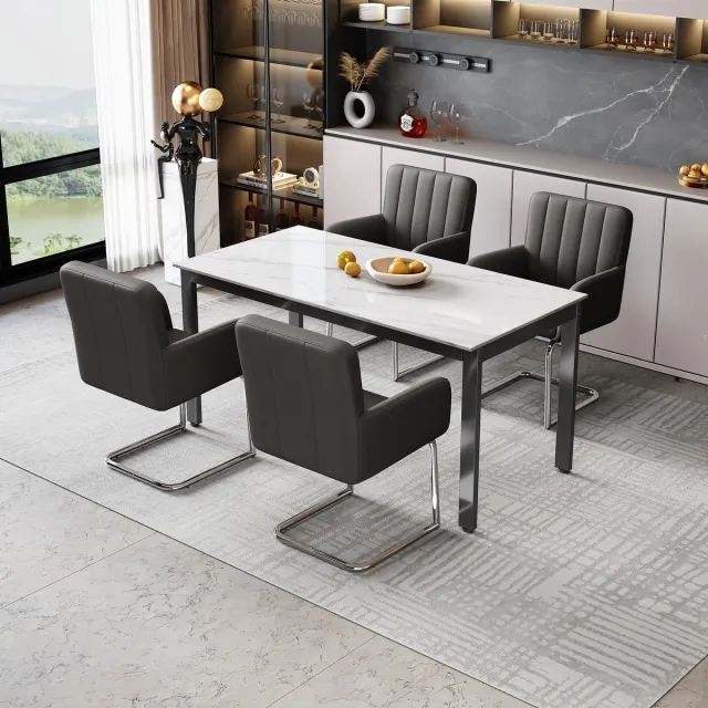 Welltin Eettafelstoel - Set van 4 - Keukenstoel - Stoelenset - Eetkamerstoelen met verticale strepen - Gestoffeerde fauteuil met zigzag metalen poten - Loungestoel - Woonkamerstoel - Kunstleer - Zwart