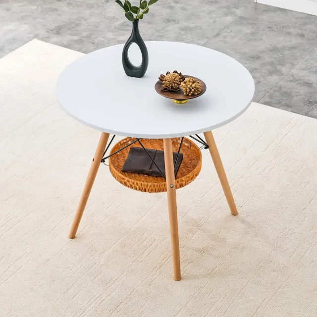DESMIU Eettafel - Ronde Tafel Met Opbergmand - Voor 2 Tot 4 Personen In Woonkamer Of Balkon - MDF En Massief Hout - 80x80x71,5 Cm - Wit Hout