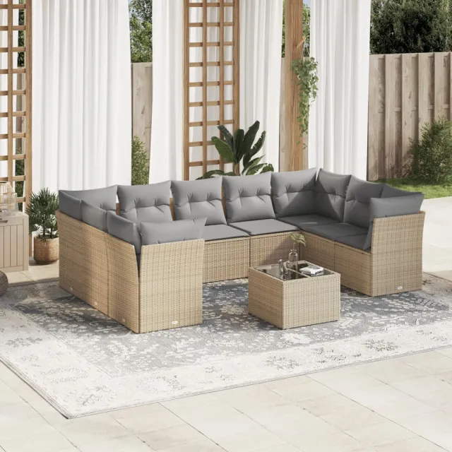 vidaXL 10-delige Loungeset met kussens poly rattan beige, foto 2