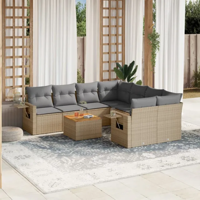 vidaXL 9-delige Loungeset met kussens poly rattan gemengd beige, foto 2