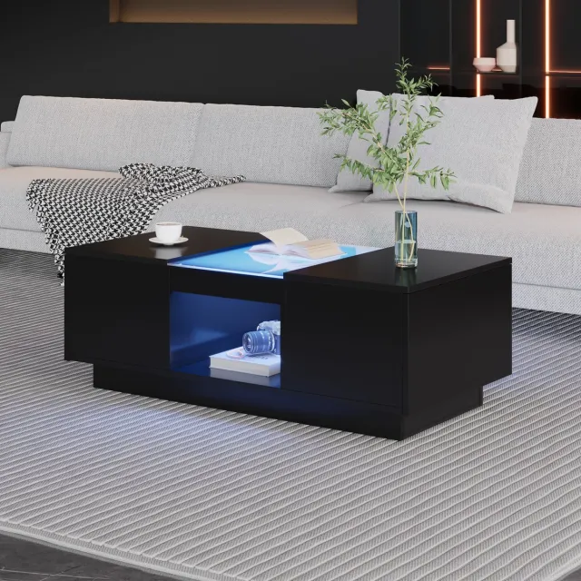 MEUNIQ Salontafel 100 x 50 x 35,5 cm met LED-verlichting, app-bediening, glazen inzetstukken, 2 laden en open vak voor woonkamer, zwart