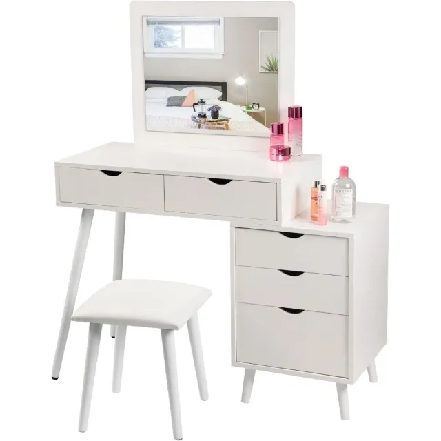 BukkitBow Luxe Kaptafel Set - Met Kruk en Ladenblok - Inclusief spiegel - Ideaal voor Make-up - 80X40X125CM Wit