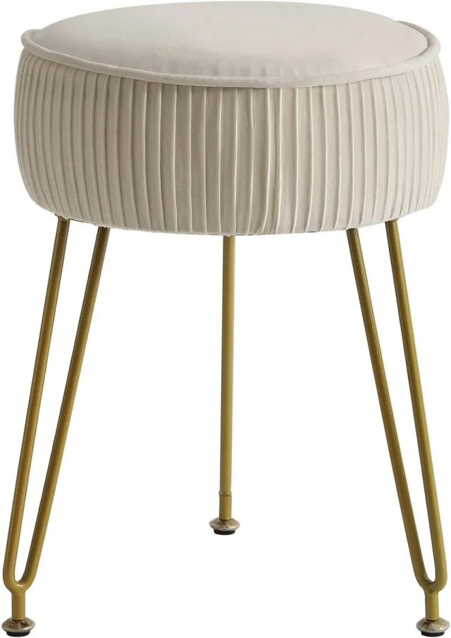 meerklose Fluwelen ronde voetensteun, voetensteun, poef, make-up, ijdelheid, kruk, salontafel, fluwelen dressingtafel, zitkruk, bank, gouden stalen poten, crème-wit, LG-30M