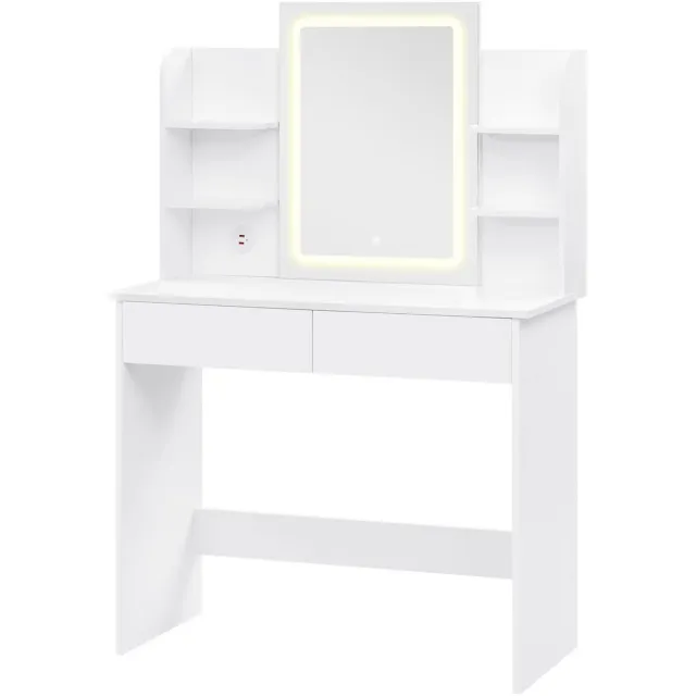 Happiq Witte Kaptafel met LED Spiegel - Verstelbare Helderheid & 2 USB Poorten - Moderne Make-up Tafel voor Slaapkamer