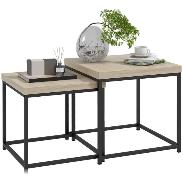 JOYNEXTBUY Bijzettafel Set van 2 - Vierkante Salontafels - Stalen Frame & Houtlook Blad - Industriële Tafels voor Woonkamer Zwart | Houtlook
