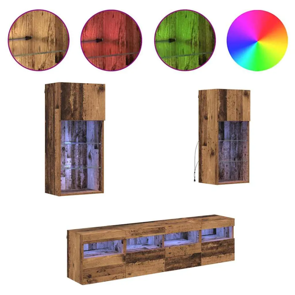 vidaXL TV Wand Eenheden met LED 5 st Oud Hout Bewerkt hout bruin, foto 4