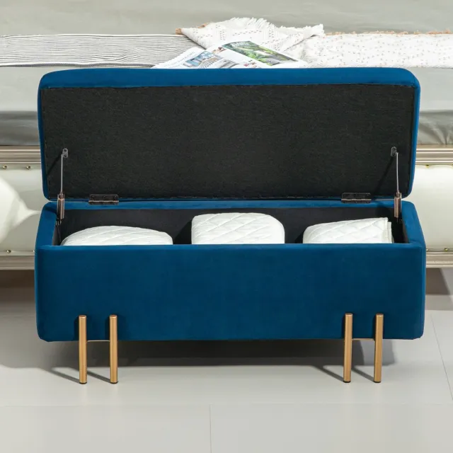 FloraGrace Opbergbank 100 x 40 x 42 cm - Zachte Zitting Met Opbergruimte - Voor Hal Woonkamer Of Slaapkamer - Polyester Hout Metaal - Blauw