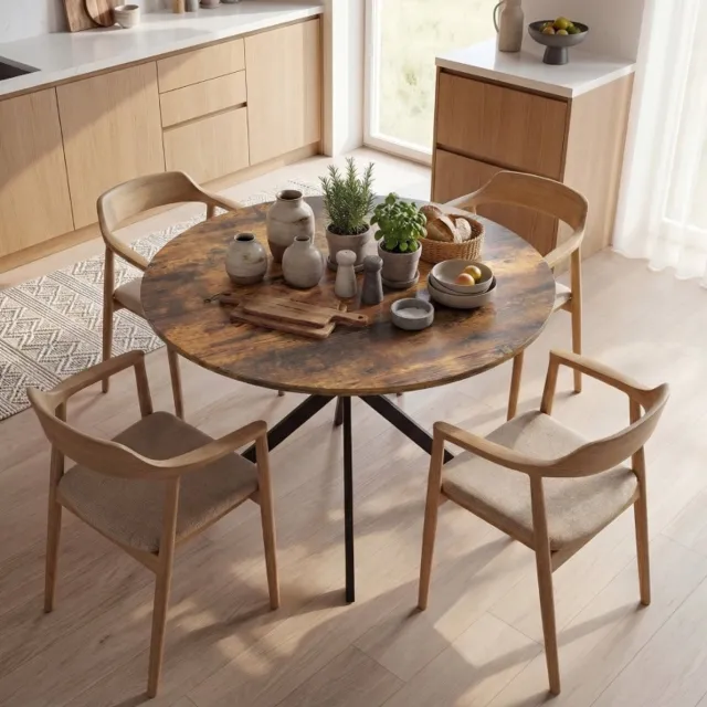 DESMIU Ronde Eettafel - Industrieel Met Stalen X-Poten - Voor Keuken En Eetkamer - Hout En Metaal - 100x100x75 Cm - Rustiek Bruin
