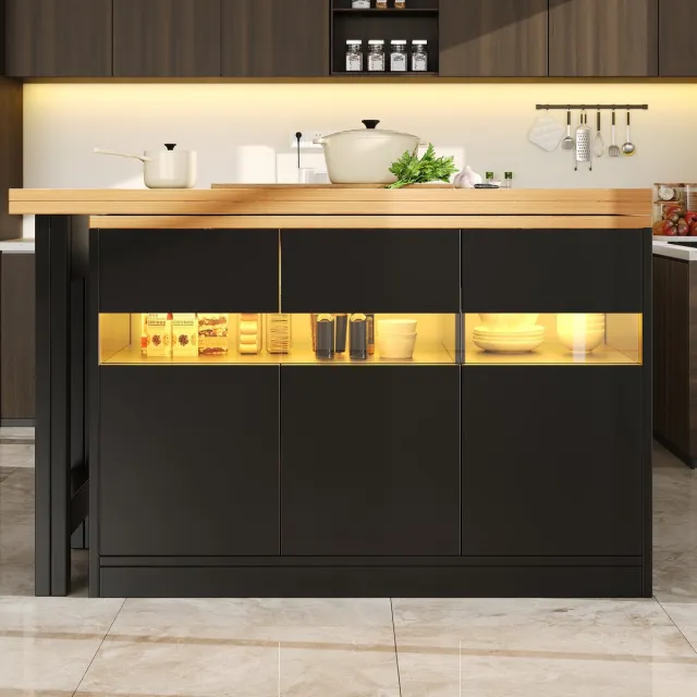 Wishdor Bartafel - Uitschuifbaar met LED-verlichting en 360° draaifunctie - opbergruimte - modern - keuken en eetkamer - houtlook - zwart/naturel - 120-180 x 40 x 71,5 cm