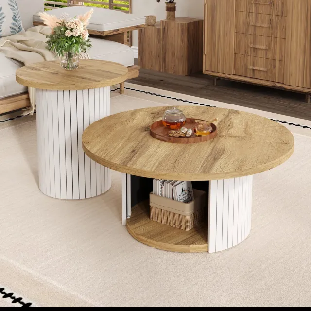 FloraGrace Salontafel Set - Dubbel Rond Design Met Opbergruimte - Voor Woonkamer - MDF - Naturel - 75x75x50 En 45x45x35 Cm Natuurlijk