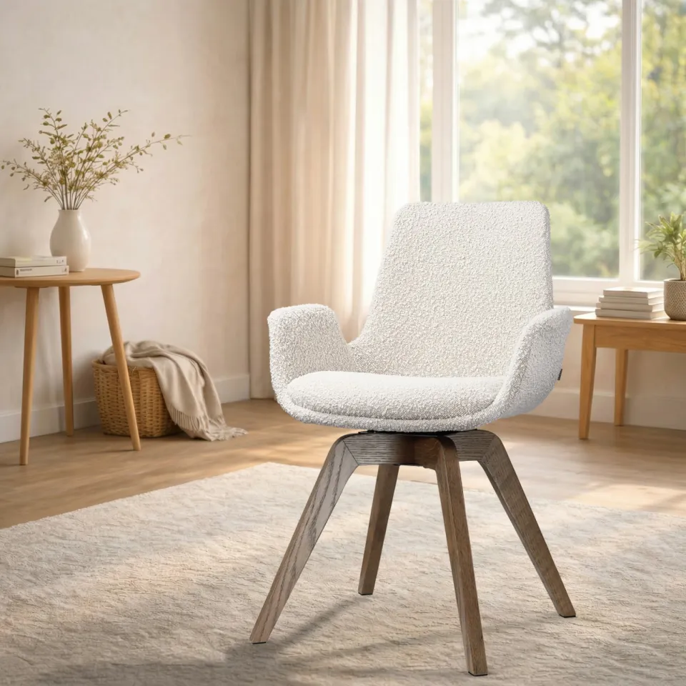 Nolon Noor-Eef draaibare eetkamerstoel bouclé beige - walnoot houten onderstel, foto 2