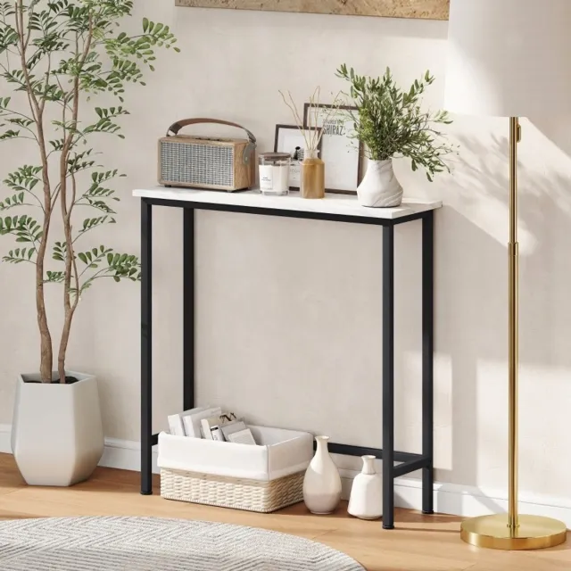 Wishdor Sidetable - Smal ontwerp voor hal en woonkamer - Modern - Marmerlook blad met metalen frame - Zwart - 75 x 24 x 76 cm
