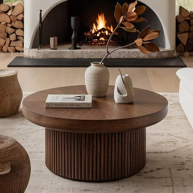 DESMIU Salontafel - Rond Blad Met Houtnerf En Fluted Onderstel - Voor Woonkamer En Kleine Ruimte - Hout En MDF - 78 Cm - Walnoot Walnut