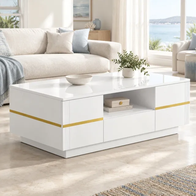 MODENUIT Salontafel - Hoogglans Met Lade En 2 Deuren - Voor Woonkamer - Wit MDF Met Goud - 100x50x35,5 Cm