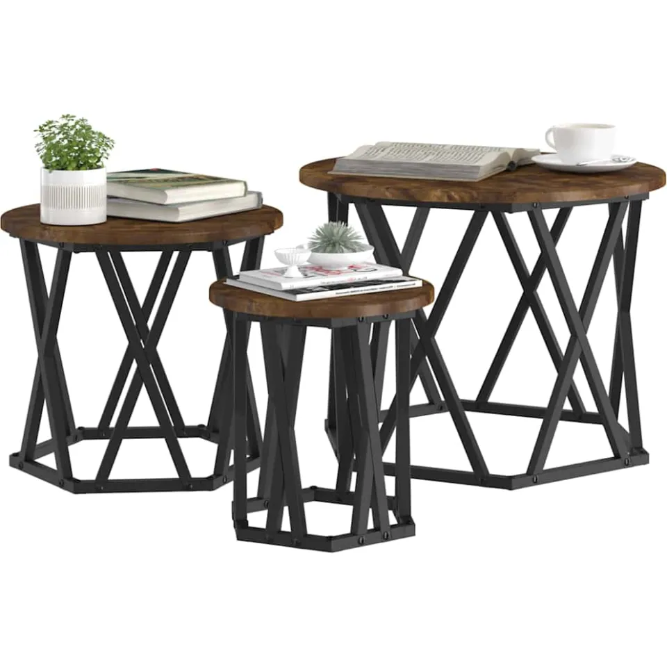 vidaXL Nestbare Bijzettafel 3 st Gerookt eiken 53 x 53 x 40 cm Bruin