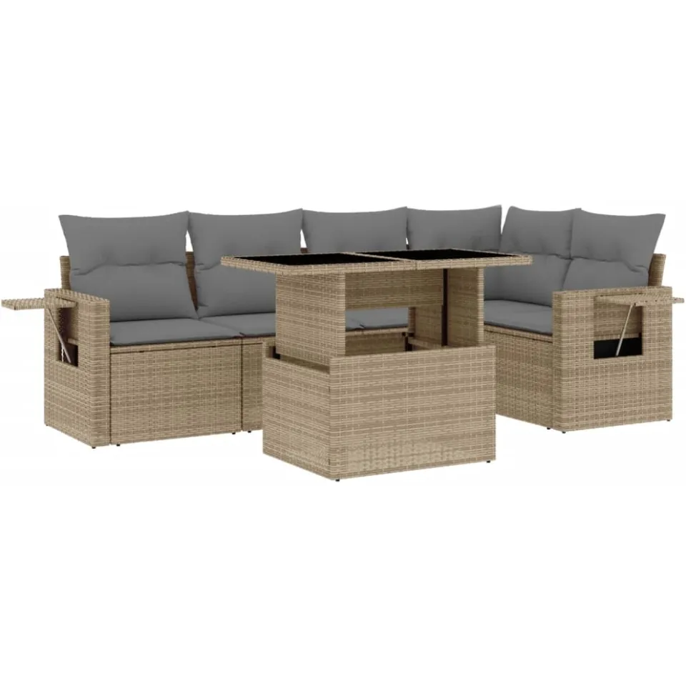 vidaXL 6-delige Loungeset met kussens poly rattan beige, foto 3
