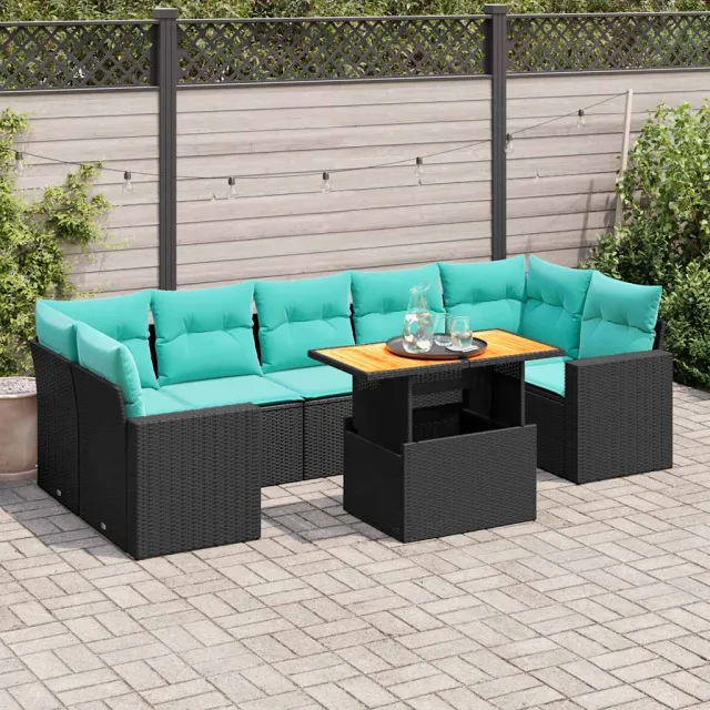 vidaXL 8-delige Loungeset met kussens poly rattan zwart, foto 2