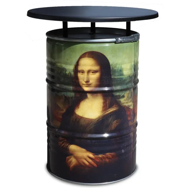 Barrelkings Statafel Mona Lisa/Da Vinci Design - Metaal Olievat - Ø80x105 cm - 200L - Zwart Rond Tafelblad - Decoratief full color ML-zwartblad