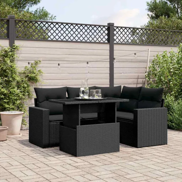 vidaXL 5-delige Loungeset met kussens poly rattan zwart, foto 2
