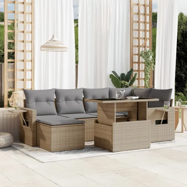 vidaXL 7-delige Loungeset met kussens poly rattan beige, foto 2