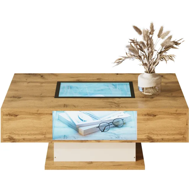 DantefHandels Salontafel, woonkamertafel met farbwechselndem LED-Licht, met Glas, bijzettafel met zwei laden naturel