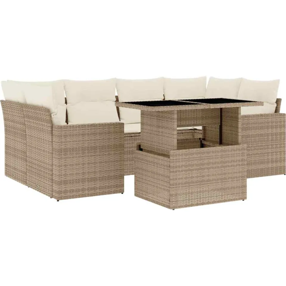 vidaXL 7-delige Loungeset met kussens poly rattan beige, foto 3