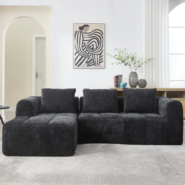 MODFU Hoekbank – 250x158x60 cm – met chaise longue en zijvakken – zachte chenille – geen montage nodig – comfortabele sofa – Zwart