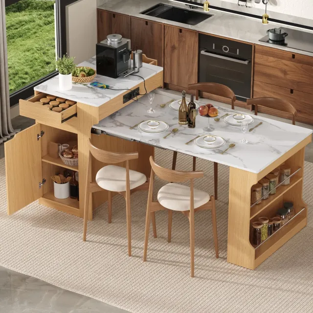 MEUNIQ uitschuifbare eettafel en keukeneiland 55-153 x 80 x 93 cm met 2 lades, opbergruimte, stopcontacten en marmerlook blad voor keuken en eetkamer, naturel