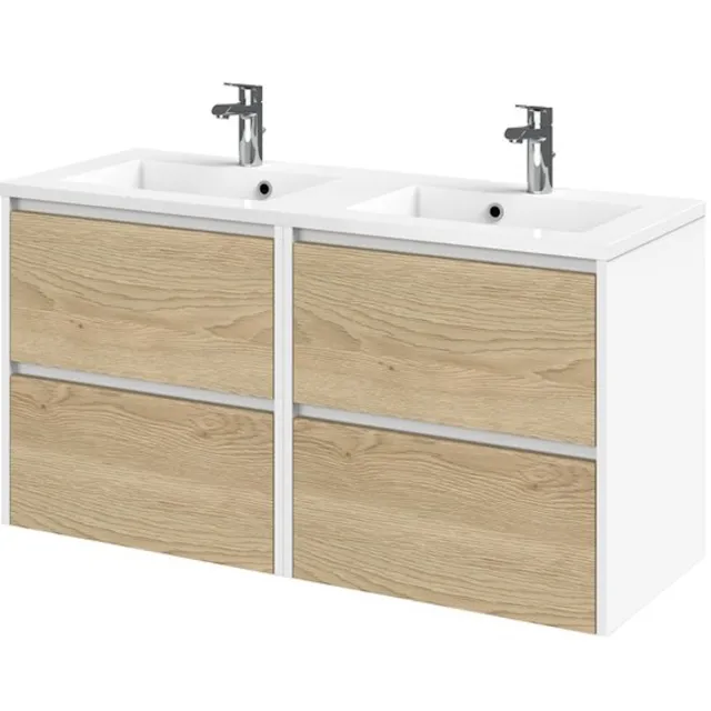 Tiger Reverse Meubelset 120 cm met 4 lades Naturel eik - Mat wit incl Quadro wastafel dubbel Hoogglans wit - 800322 Eiken