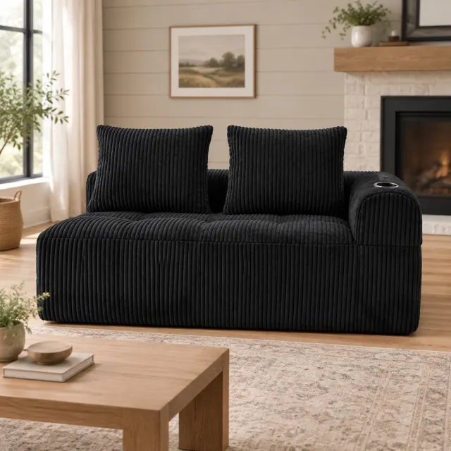 WUVRIE 2-zitsbank 158x93x61 cm - Ribfluweel met opbergvakken en bekerhouder - Zwart