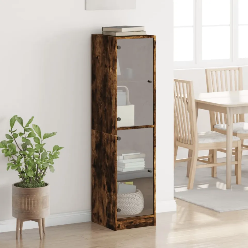 vidaXL Hoge kast met glazen deuren 35x37x142 cm gerookt eikenkleurig, foto 3