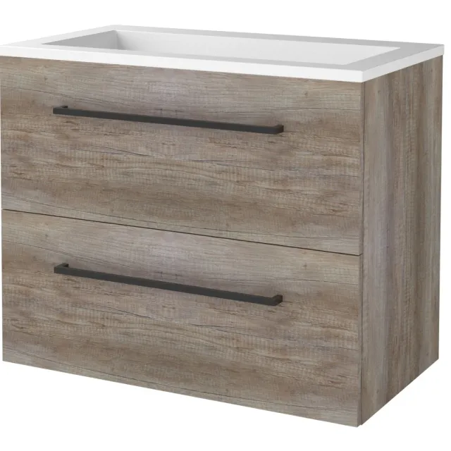 Boss & Wessing Badmeubelset BWS Salt 80x46cm Met Grepen 2 Lades Met Wastafel Acryl Scotch Oak Bruin