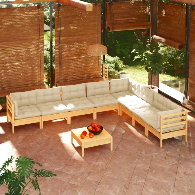 vidaXL 9-delige Loungeset met crèmekleurige kussens massief grenenhout, foto 2