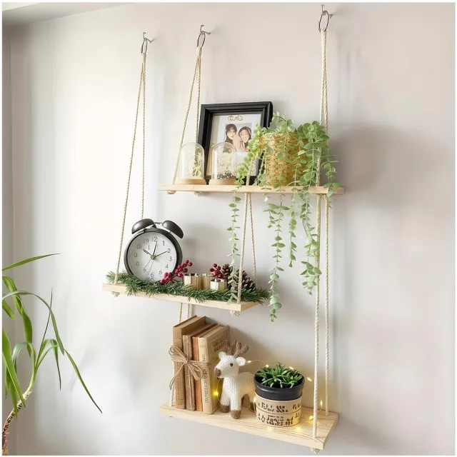 PZCC Macramé Wandplank 3 Laags - Wandkleed - Boho Wandrek met Houten Planken - Plantenrek Muurdecoratie voor Woonkamer Slaapkamer Badkamer - Inclusief Spijkervrije Haken natuurlijke kleur