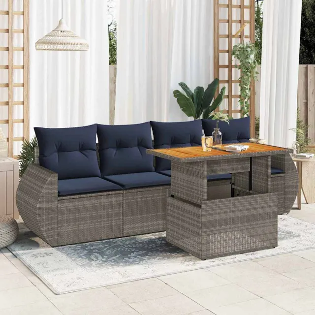 vidaXL 5-delige Loungeset met kussens poly rattan grijs, foto 2