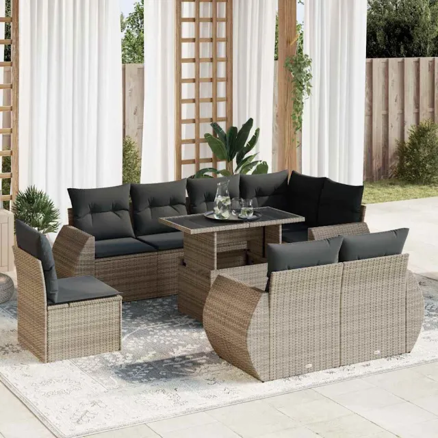 vidaXL 9-delige Loungeset met kussens poly rattan grijs, foto 2