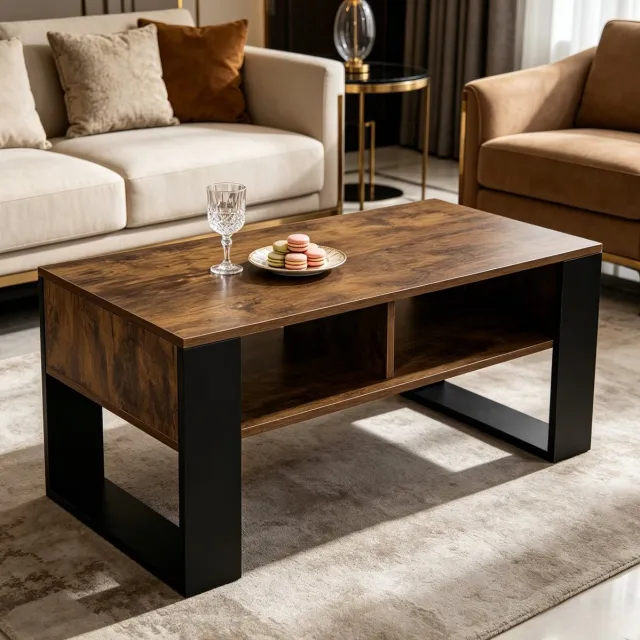 REDOM Salontafel - Open opbergvakken - Rechthoekig - Antislip voetpads - Modern - Woonkamer - Hout met melaminefineer - Zwart en rustiek bruin - 90 x 45 x 45,5 cm