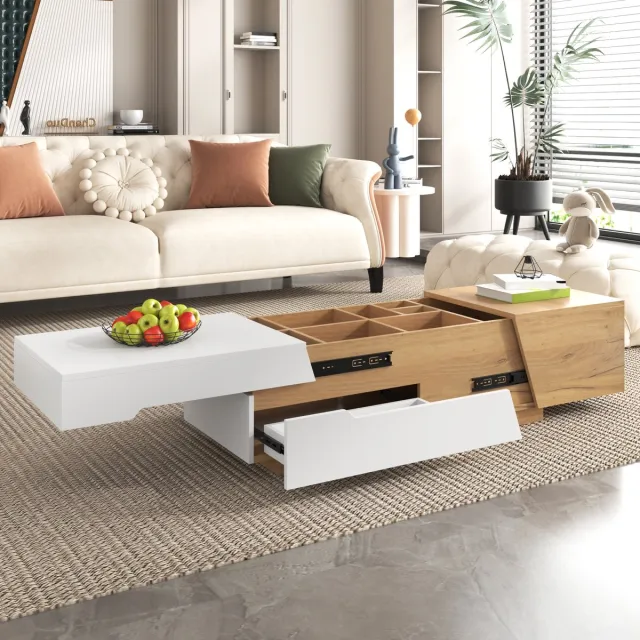FloraGrace Salontafel - Uitschuifbaar Met Schuifblad En 2 Lades - Voor Woonkamer - MDF In Wit En Naturel - 120x50x37,5 Cm Wit en Houtkleur