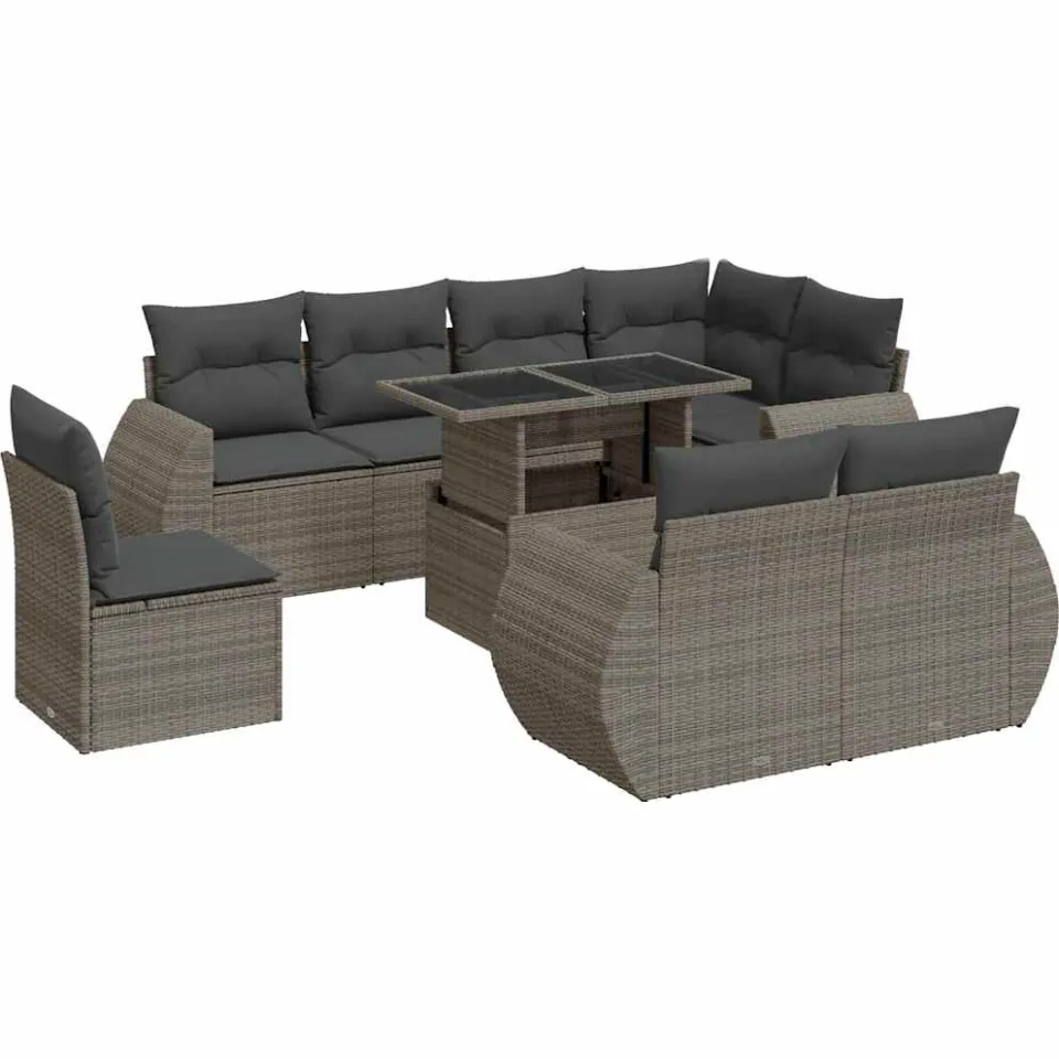 vidaXL 9-delige Loungeset met kussens poly rattan grijs, foto 3