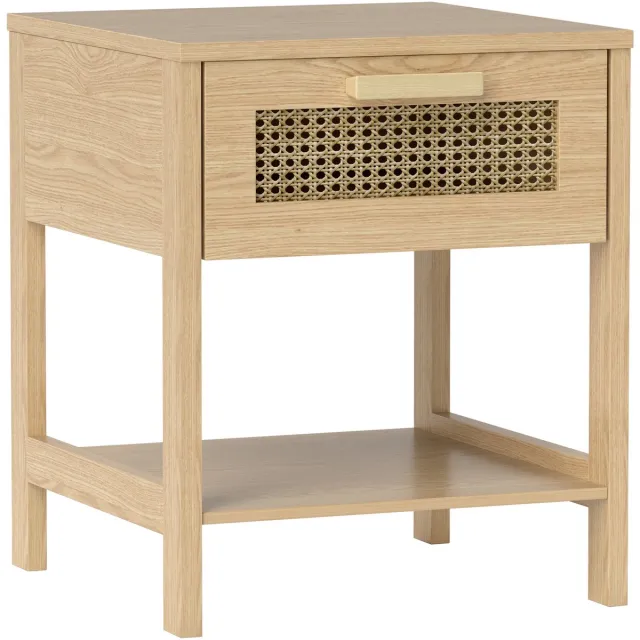 Merax Nachtkastje Rattan – Hout – Met Lade en Open Opbergvak – Boho Nachttafel – 40x40x48,4 cm – Licht Hout Natuurlijk